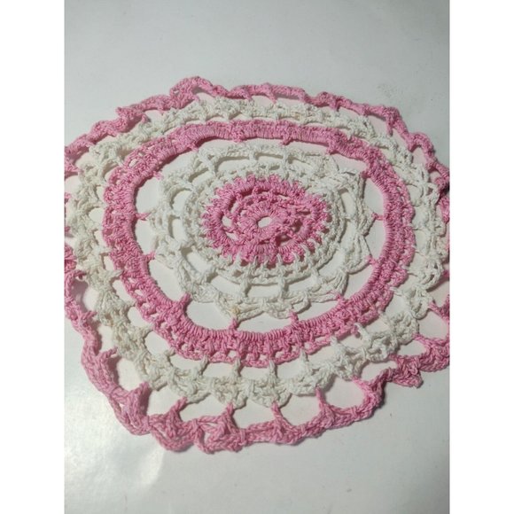 Handmade Crotchet Doily Vintage 9 in Decor Pink White Cottagecore Victorian - Picture 2 of 3